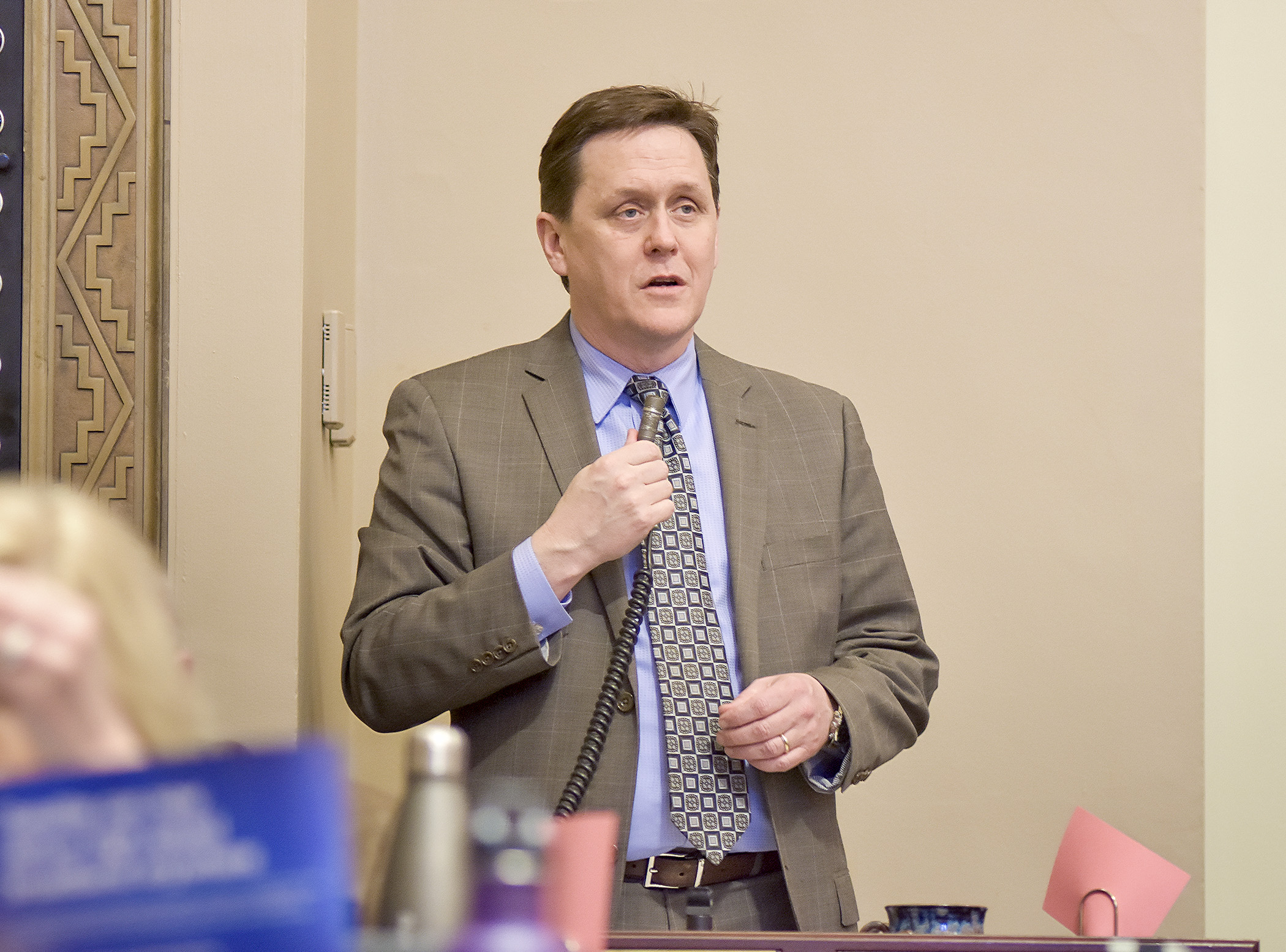 Rep. Matt Dean presents the omnibus health and human services finance bill on the House Floor April 7. Photo by Andrew VonBank